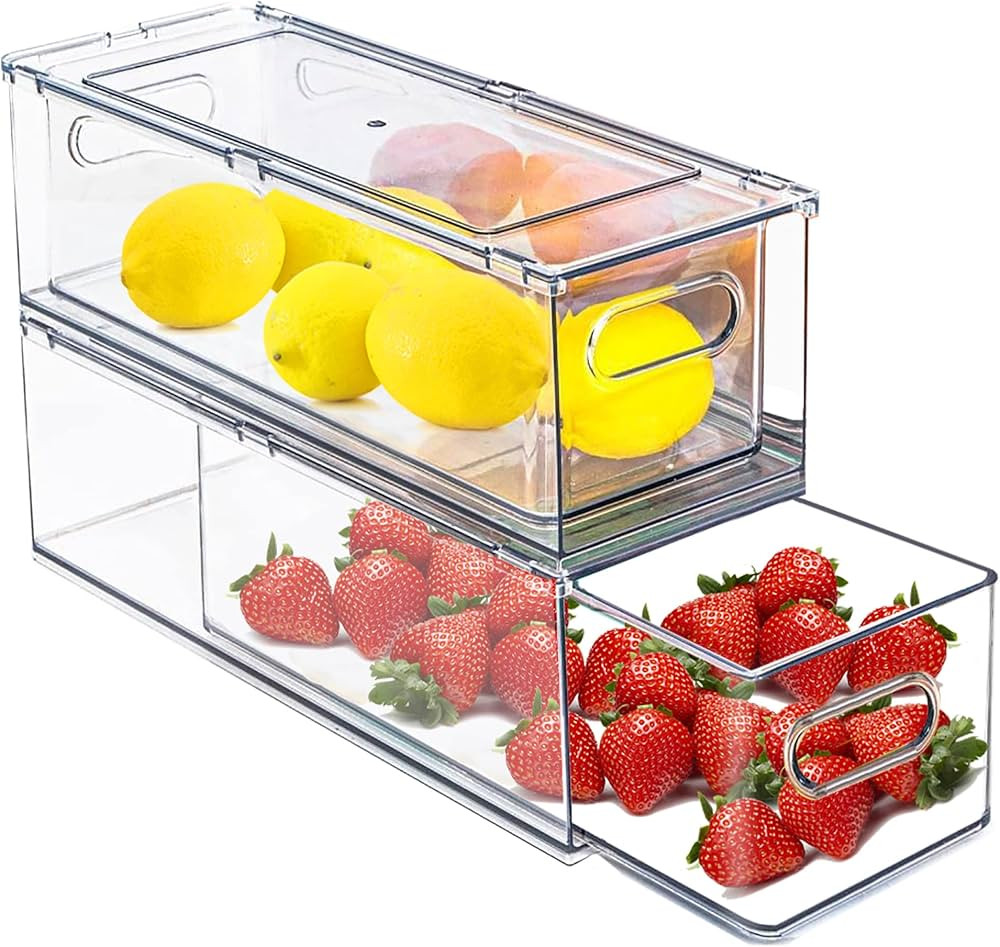 2 Pack Fridge Organizers and Storage with Pull out Drawer, Stackable Storage Drawer, Clear Refrig... | Amazon (US)