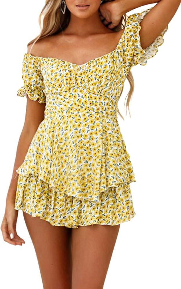 Fixmatti Women Boho Romper Off Shoulder Floral Print Chiffon Shorts Jumpsuit | Amazon (US)