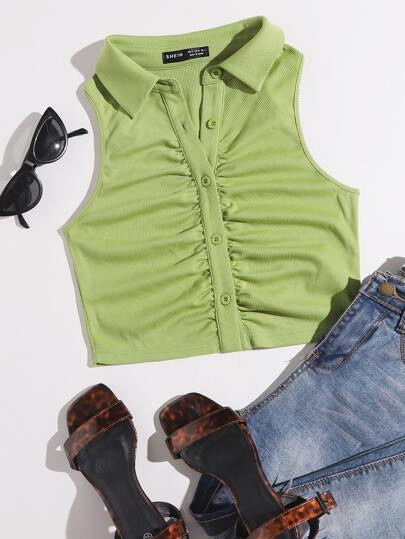 SHEIN Ruched Button Front Rib-knit Tank Top | SHEIN