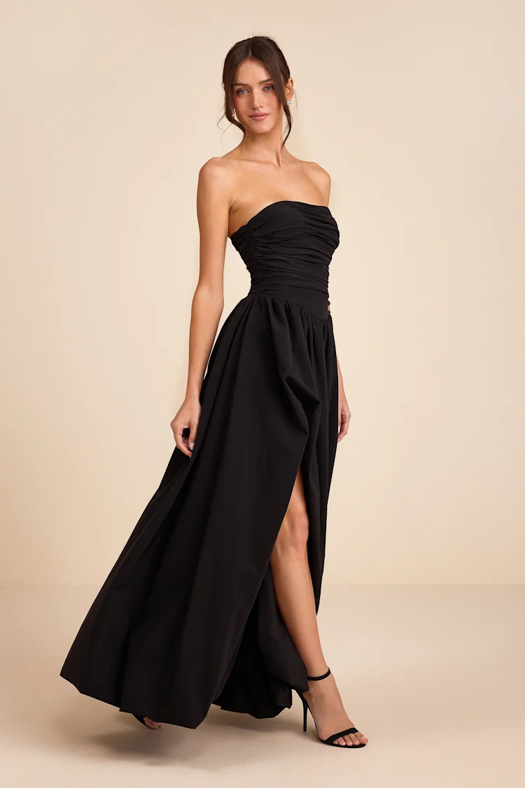 Marilou Black Strapless Ruched Lace-Up Maxi Dress | Lulus