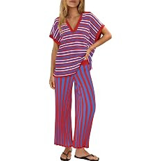 ReachMe Womens 2 Piece Lounge Sets Striped Short Sleeve Tops Wide Leg Cropped Pants Sweater Sets ... | Amazon (US)