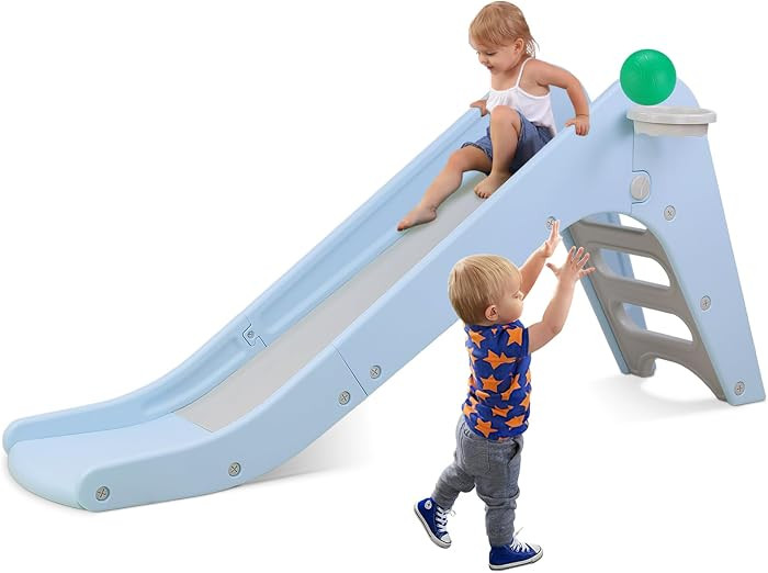Arlopu Toddler Slide, Baby Indoor Foldable Slide with Basketball Hoop & Ball, 63" Extra Long Slop... | Amazon (US)
