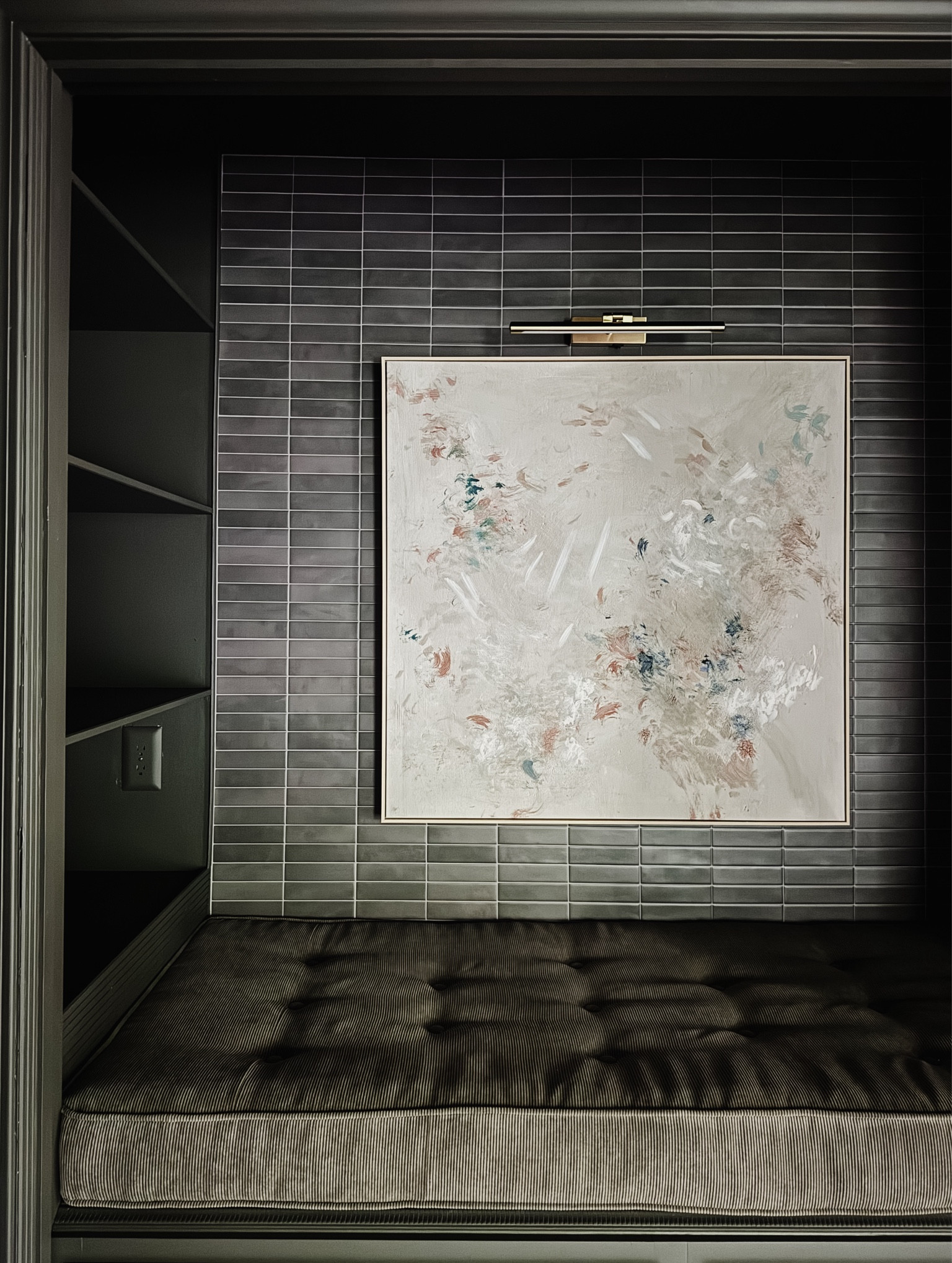 Reading nook progress! This peel and stick tile looks like the real deal against abstract budget art and battery operated picture light. 

#abstractart #budgetart #wallart #studiomcgee #smarttile #peelandstick #walltile #subwaytile #picturelight #batteryoperatedlight #paintableoutletcover #outletcover 

#LTKfindsunder50 #LTKhome #LTKfindsunder100