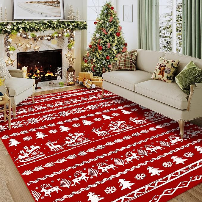 Christmas Area Rug 5x7 Red Kitchen Washable Rug Xmas Snowflake Holiday Decor Indoor Throw Rug Dec... | Amazon (US)
