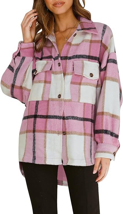 MUXERI Women's Casual Long Sleeve Plaid Button Down Oversized Shirt Shacket Jacket Coat Outerwear... | Amazon (US)