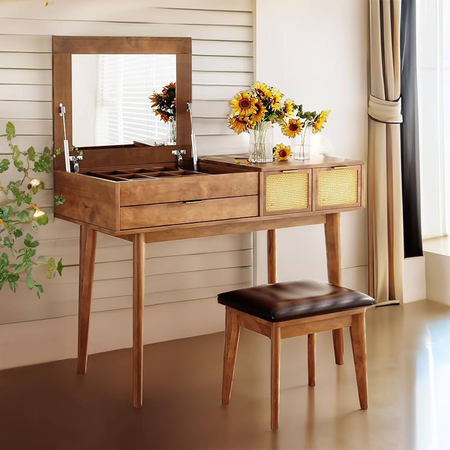43.3" Wood Makeup Vanity Desk with Flip-top Mirror & Drawers, Vanity Dressing Table Set with Stor... | Amazon (US)