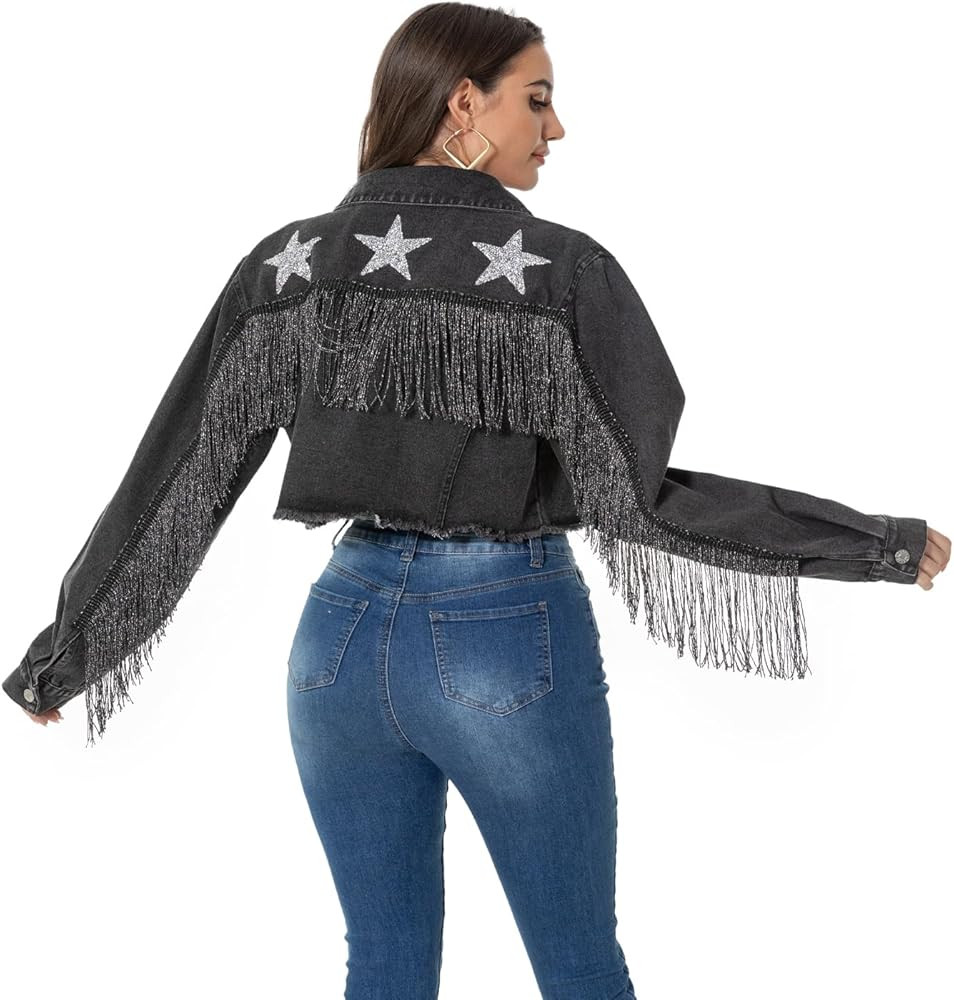 Fringe Denim Jean Jacket Cropped Rhinestone Denim Jacket Distressed Long Sleeve Tassel Jean Coat ... | Amazon (US)