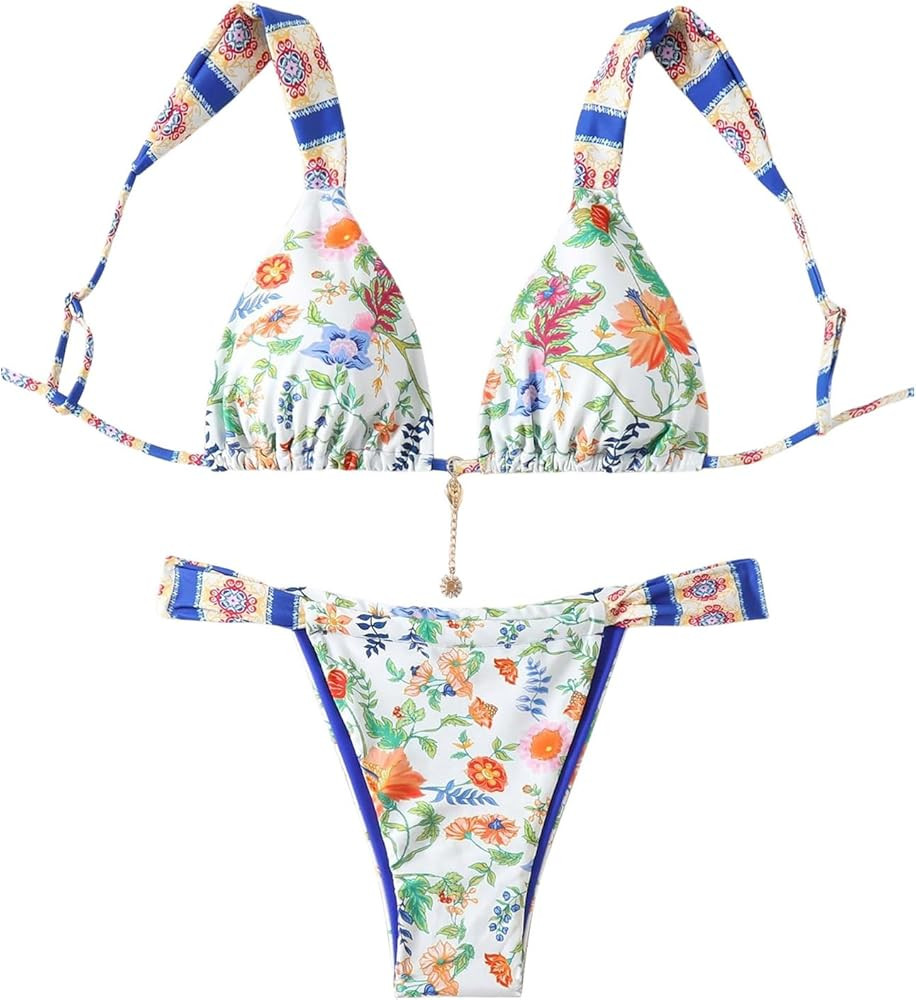 MakeMeChic Women's Floral Print 2 Piece Bikini Sets Tie Back Triangle Thong Bathing Suit Swimsuit | Amazon (US)