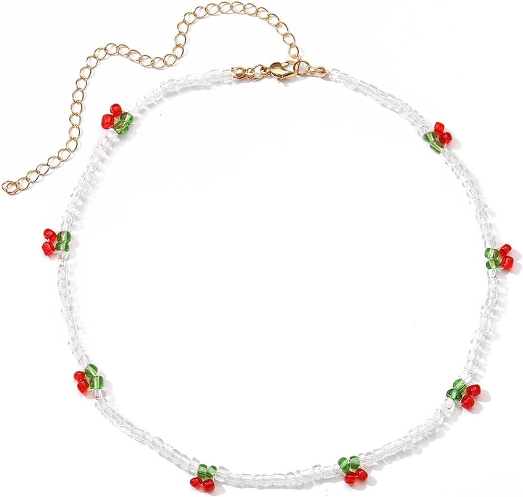 MOKAVIKY 25 Beaded Cherry Choker Necklace for Women Teen Girls Boho Transparent Beads Cute Shiny ... | Amazon (US)