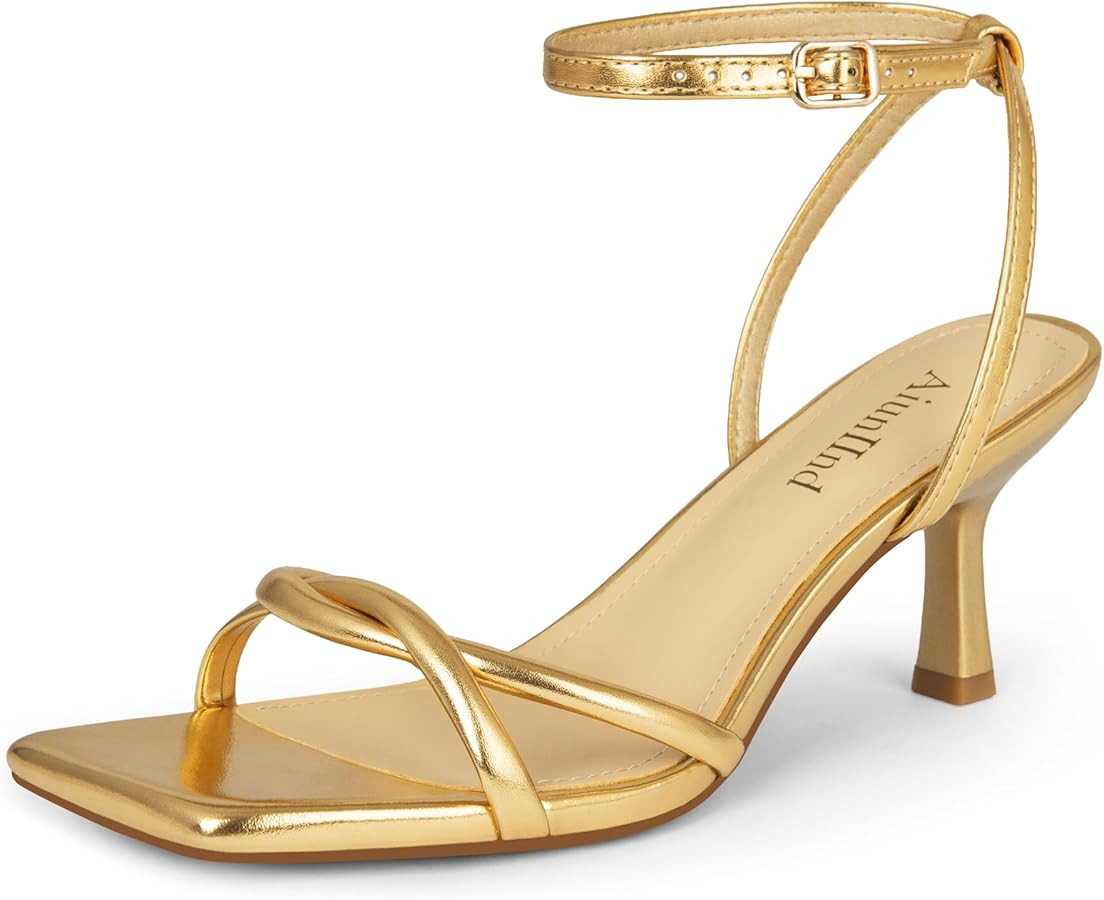 AIUNIIND Kitten Heels for Women, Square Open Toe Heeled Sandals, Strappy Ankle Strap Shoes for Dr... | Amazon (US)