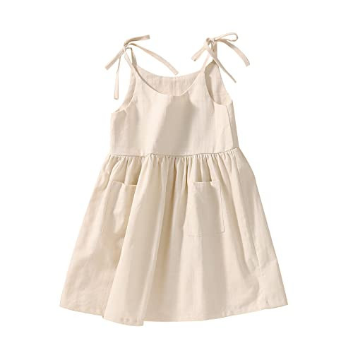 Toddler Baby Girl Summer Cotton Linen White Dresses Bow Straps Sleeveless with Pockets Little Girls Beach Sundress (Beige, 6-7Years) | Amazon (US)