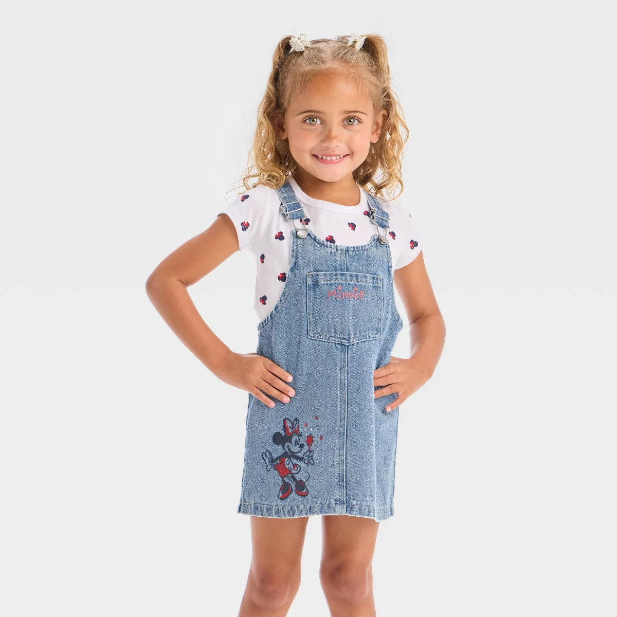 Toddler Girls' 2pc Disney Minnie Mouse Americana Short Sleeve T-Shirt and Denim Overalls Dress Se... | Target