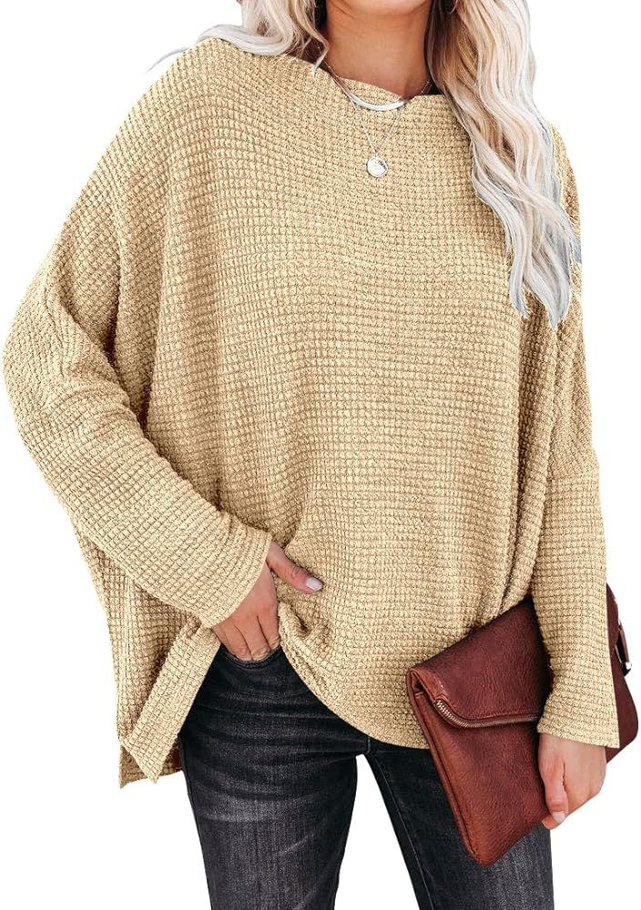 ANRABESS Women Casual Loose Off Shoulder Long Batwing Sleeve Waffle Knit Oversized Pullover Shirt Sw | Amazon (US)