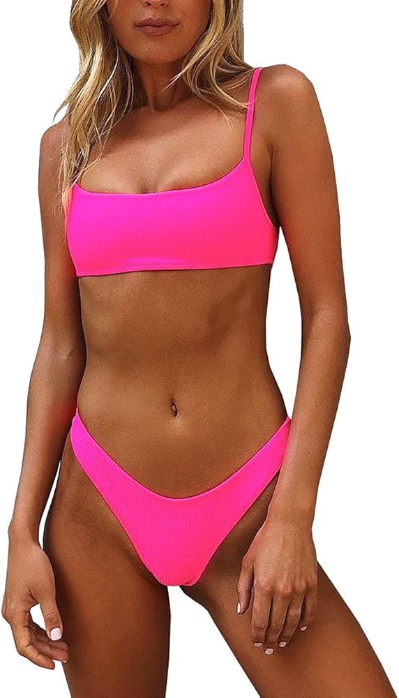 IBIZA VIBE Bikini Set Ribbed Neon Scoop Crop Top High Cut 2 Piece Brazilian Sporty Swimsuits for ... | Amazon (US)