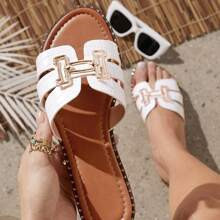 Wide Fit HShaped Open Toe White Slip On Sandals With Gold Embellishments | SHEIN