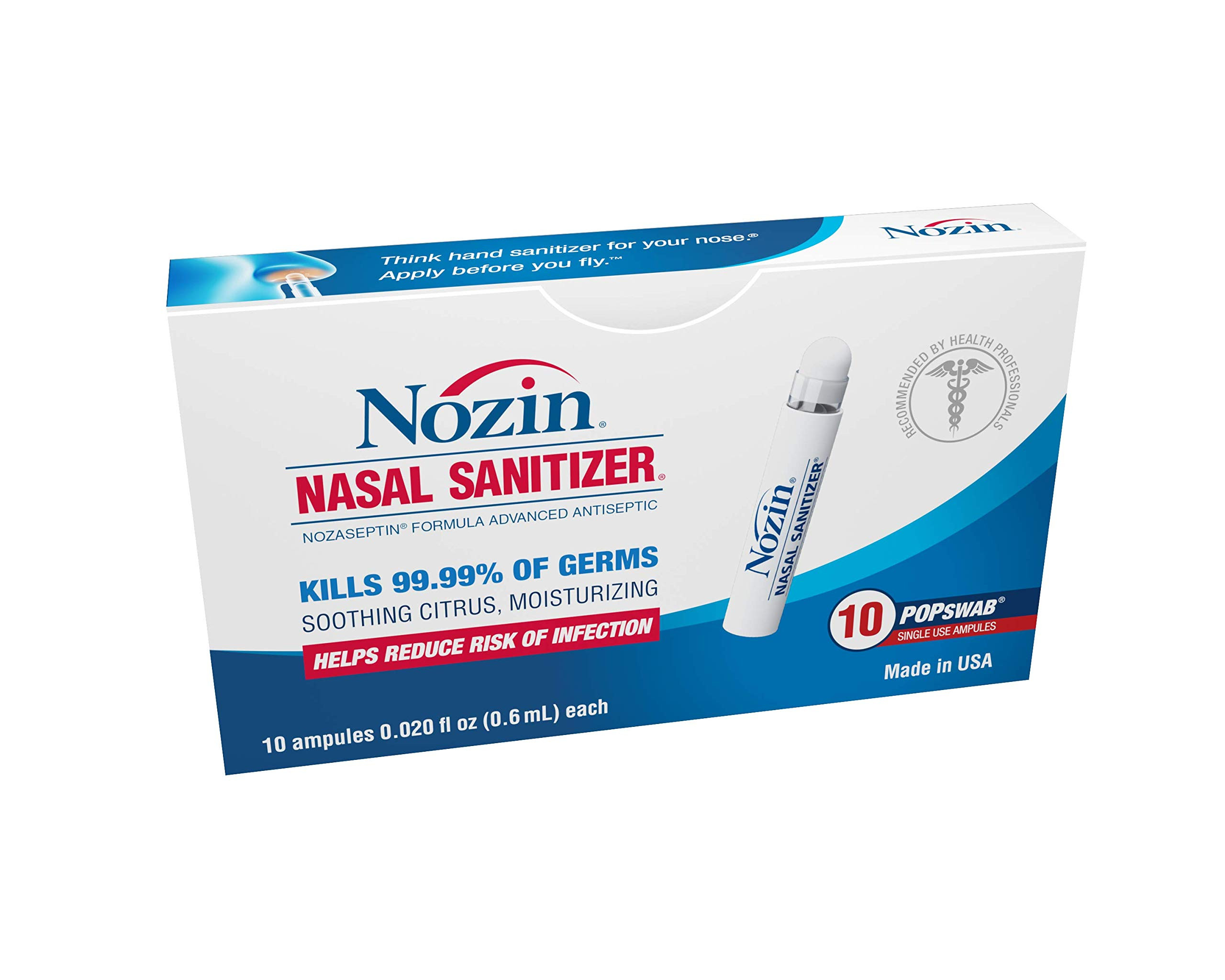 Nozin® Nasal Sanitizer® Antiseptic Popswab® Ampules 10ct Pack | Kills 99.99% of Germs | Alcoho... | Amazon (US)