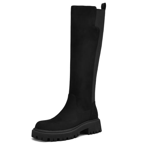 TEAIEUI Women's Knee High Boots Fashion Platform Lug Sole Tall Riding Boots Comfortable Stretch Calf Dress Long Boots Black Suede 9.5 | Amazon (US)