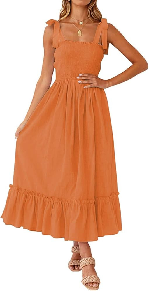 Tobrief Women's Boho Dress Summer Spaghetti Strap Square Neck Flowy Ruffle Beach Long Maxi Dress | Amazon (US)