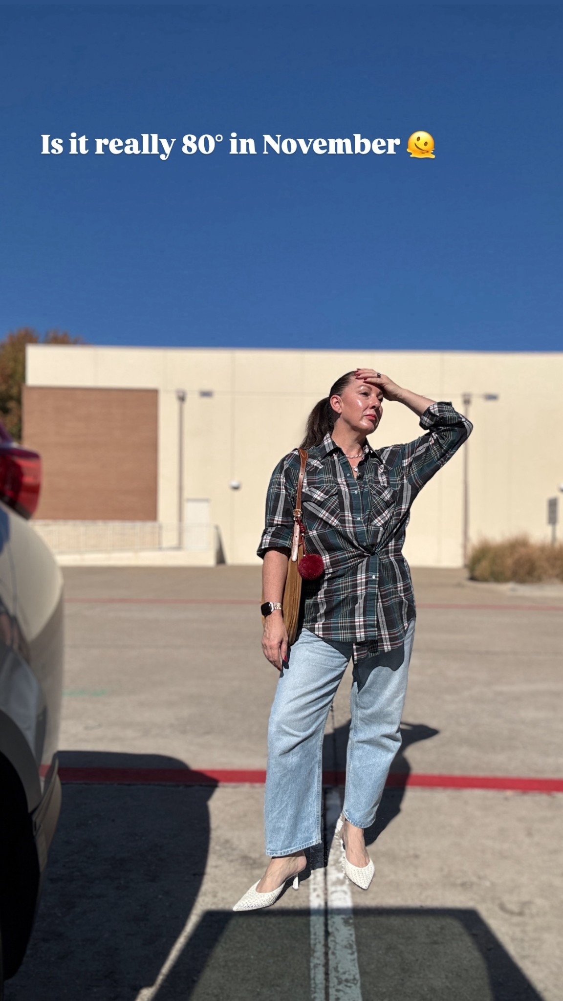One week we’re in coats now we’re back in 80° weather! I was running errands so I went for my checked shirt which I twisted and secured with an elastic worn with my @citizensofhumanity Dahlia jeans. Some white mules from @zara from earlier in the year and my @ralphlauren suede hobo bag. 
Fall style at its finest! 


#LTKOver40 #LTKMidsize #LTKStyleTip