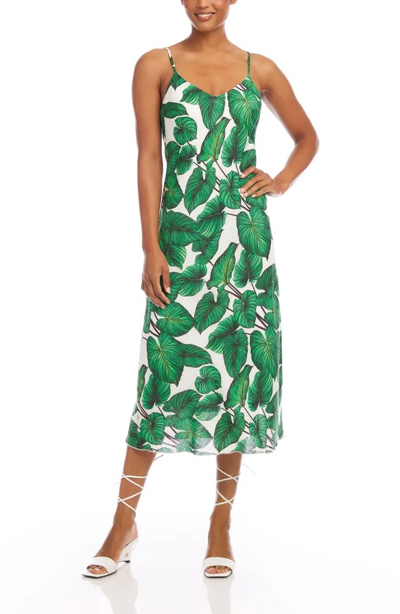 Palm Print Bias Cut Linen Midi Dress | Nordstrom