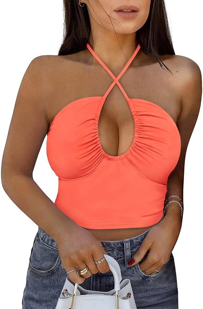 REORIA Women's Summer Sexy Criss Cross Halter Neck Y2K Backless Tank Crop Tops | Amazon (US)