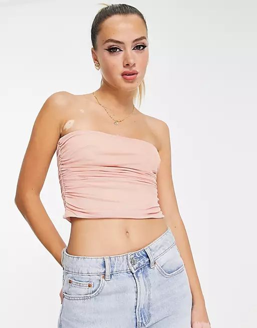 ASOS DESIGN strapless mesh corset top with ruched side in blush pink | ASOS (Global)