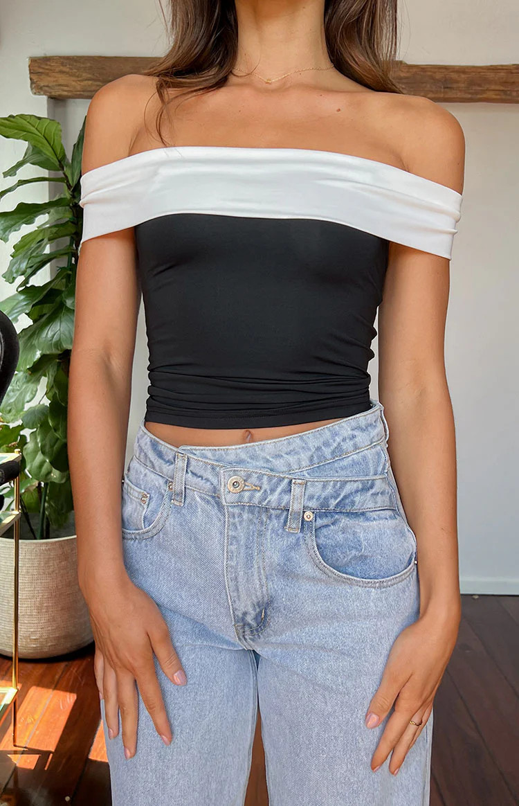 Paige Off Shoulder Black And White Contrast Top | Beginning Boutique (AU)