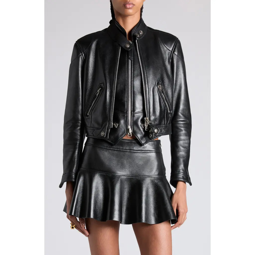 TOM FORD Glossy Plongé Lambskin Leather Zip Jacket in Lb999 Black at Nordstrom, Size 4 Us | Nordstrom