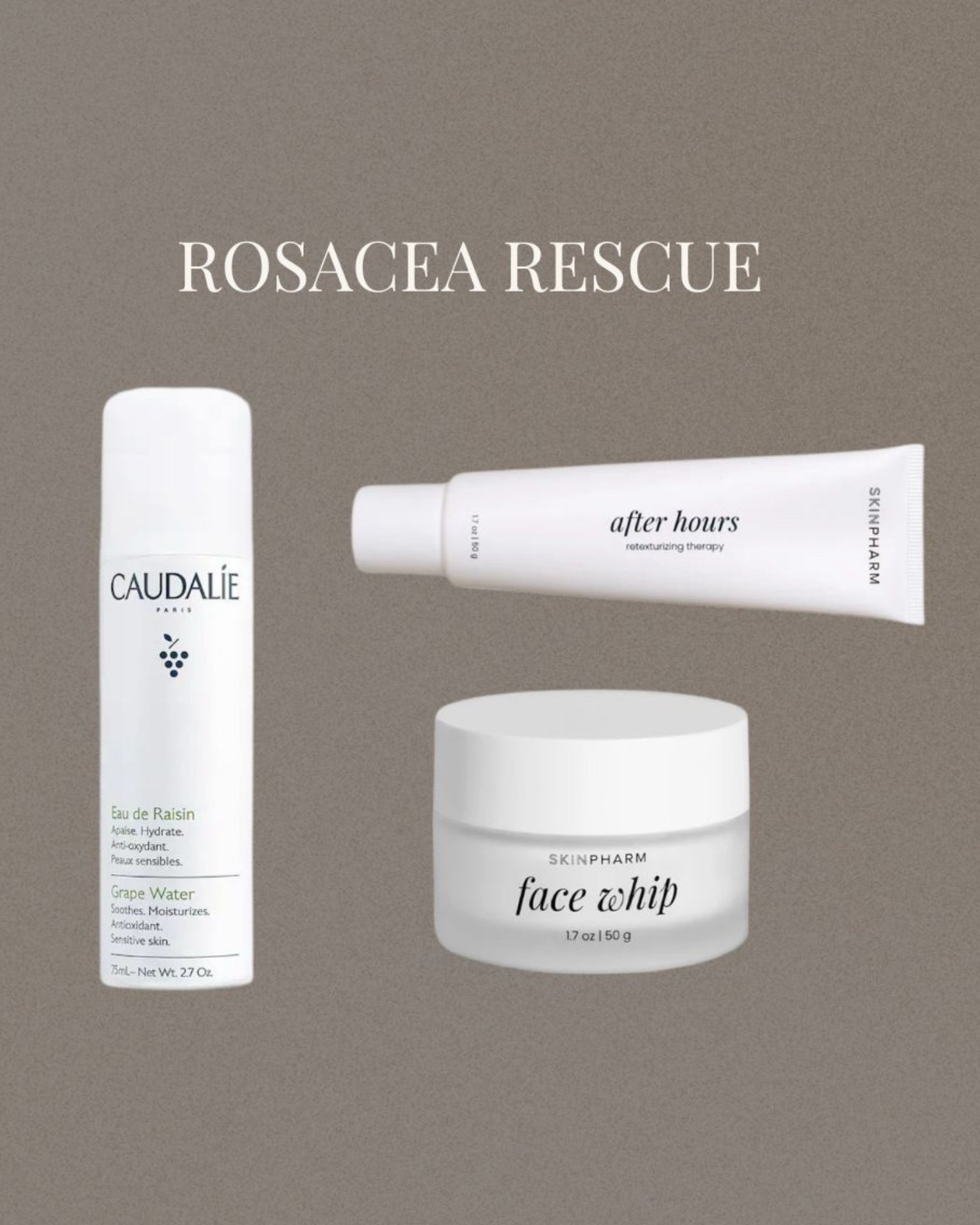 Rosacea skincare / gentle skincare 

After hours - Azelaic acid to calm 
Face whip - moisturizer for hydration 
Caudelie grape water - cooling spray 

#LTKselfcare #LTKBeauty #LTKdayinmylife
