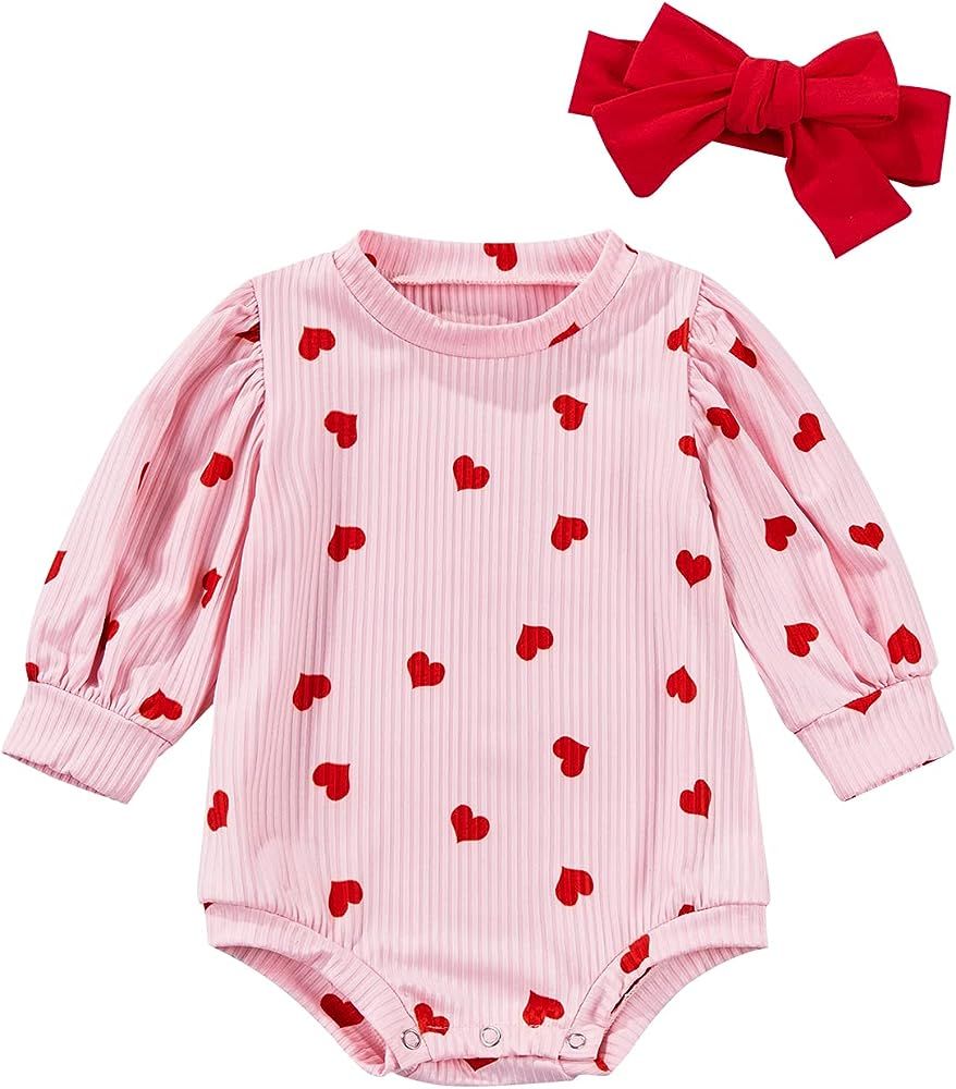 0-2T Newborn Baby Knit Love Heart Romper Lantern Long Sleeve Onesie Red Headband 2pcs Infant Girl... | Amazon (US)