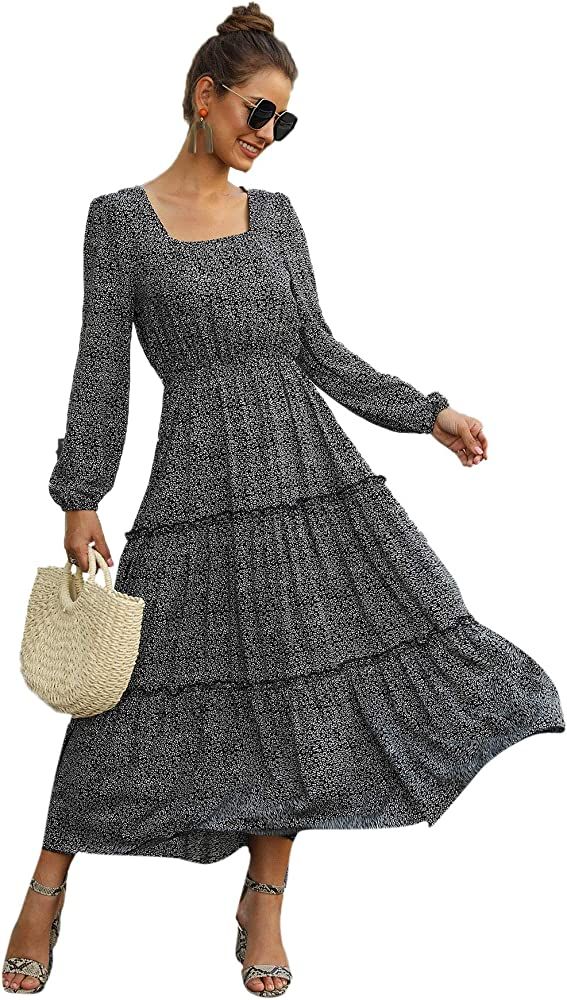 SweatyRocks Women's Long Sleeve Floral Print Flared Flowy Chiffon Maxi Dress | Amazon (US)