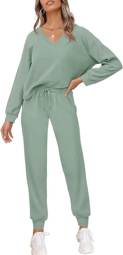 PIIRESO Women's V Neck Waffle Knit 2 Piece Outfits Long Sleeve Top and Pants Loungewear Jogger Se... | Amazon (US)