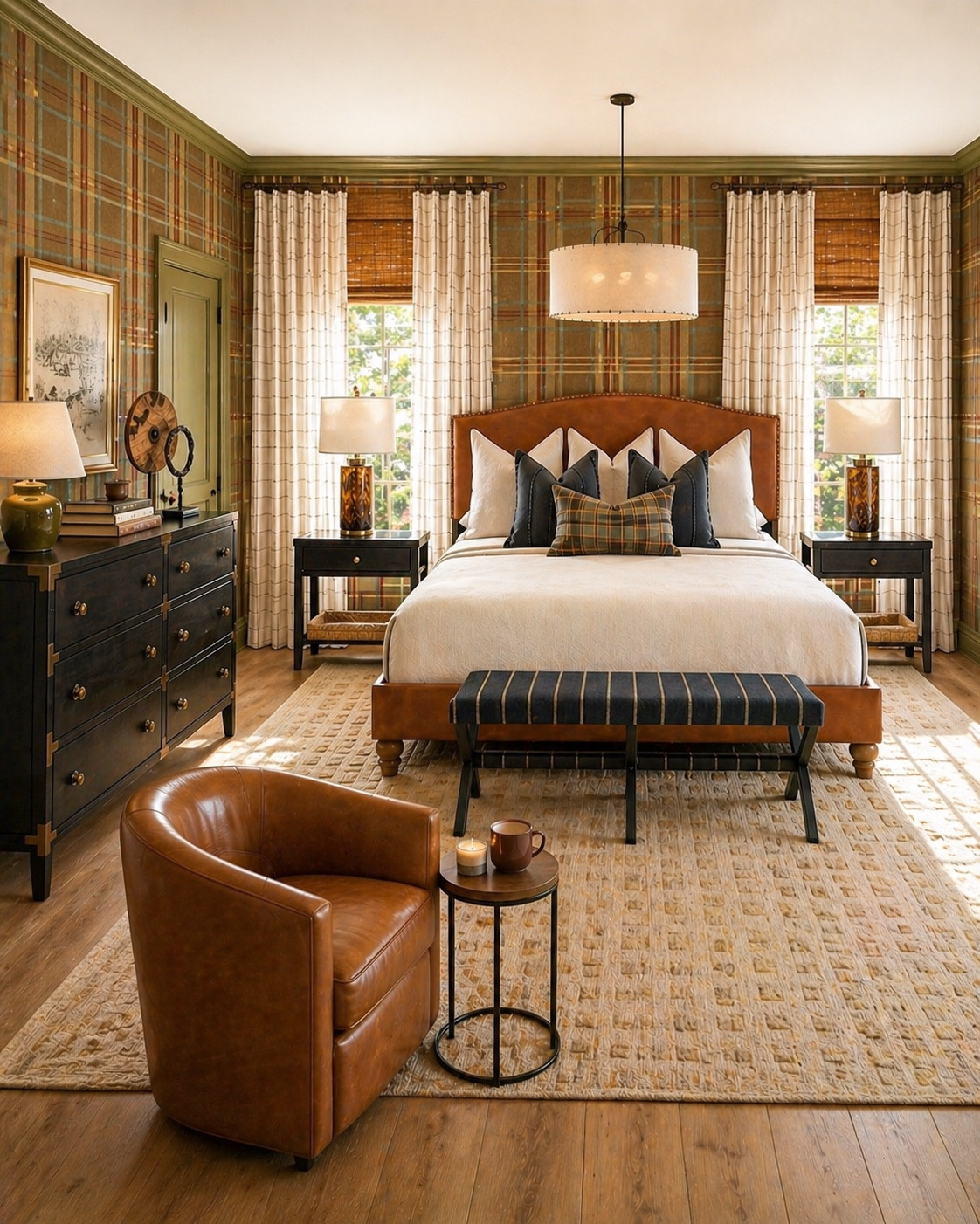 A masculine bedroom design leaning heavy into the rich earth tones, plaid, and leather -  very polo bar chic  

#LTKHome #LTKdayinmylife #LTKSaleAlert