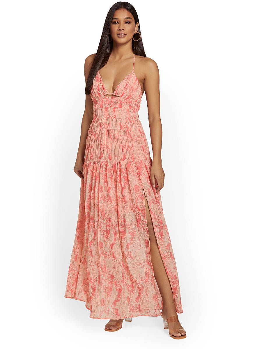 NY & Co Women's Floral-Print Pleated Maxi Dress - ASTR The Label Coral Size X-Small Rayon/Lyocell | New York & Company