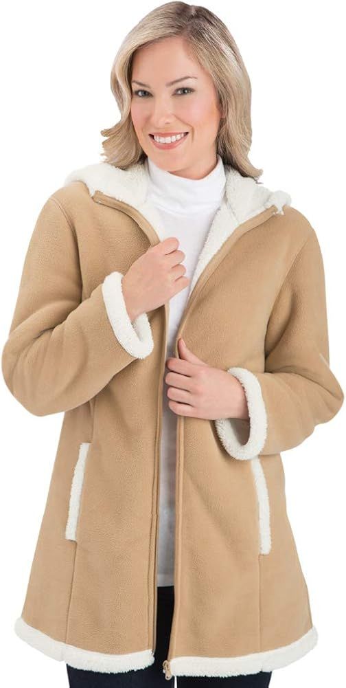 Collections Etc Women's Polar Fleece Sherpa Lined Zip Up Coat BEIGE LARGE | Amazon (US)