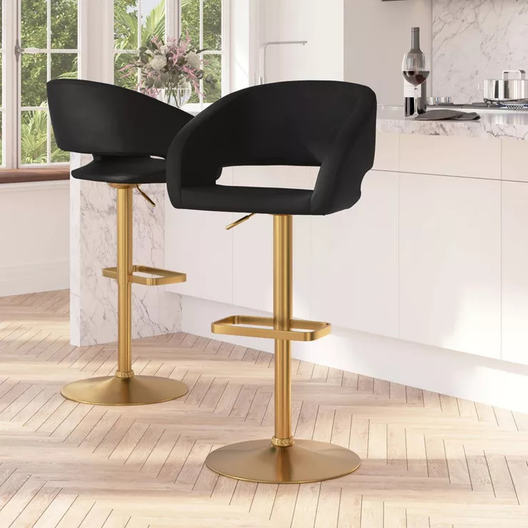 Contemporary Vinyl Adjustable Height Barstool with Rounded Mid-Back and Gold Base - Merrick Lane | Target