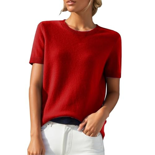 Red Short Sleeve Sweater Tops for Women Fuzzy Lightweight Crew Neck Shirts Relaxed Fit Cute Solid Color Tunic Tops Office Casual Outfits 2025 Trendy Summer Casual Pullover Sweaters Cashmere Sweaters | Amazon (US)