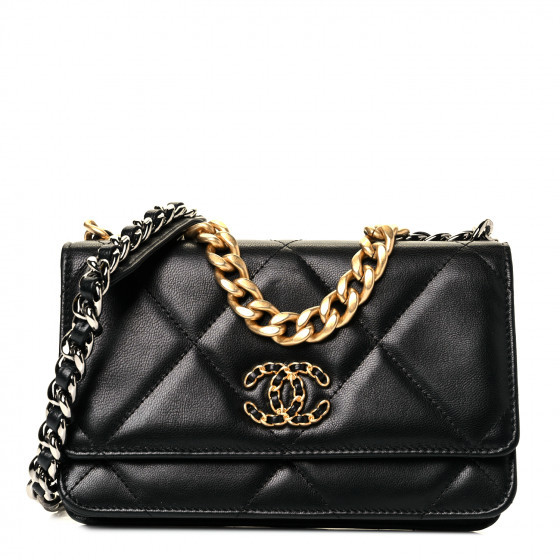 CHANEL Shiny Goatskin Quilted Chanel 19 Wallet On Chain WOC Black | FASHIONPHILE | Fashionphile