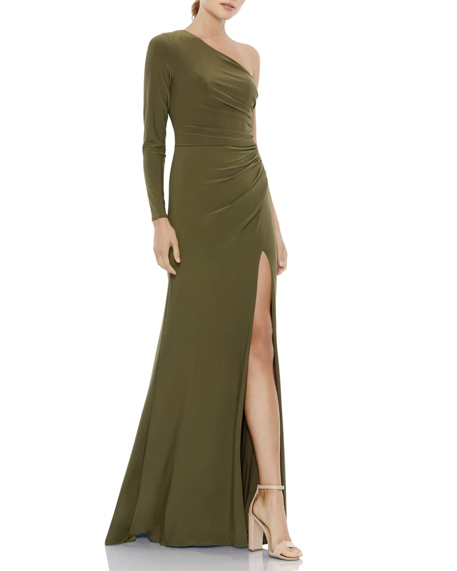 Ieena for Mac Duggal One-Sleeve Ruched Mock-Wrap Gown | Neiman Marcus
