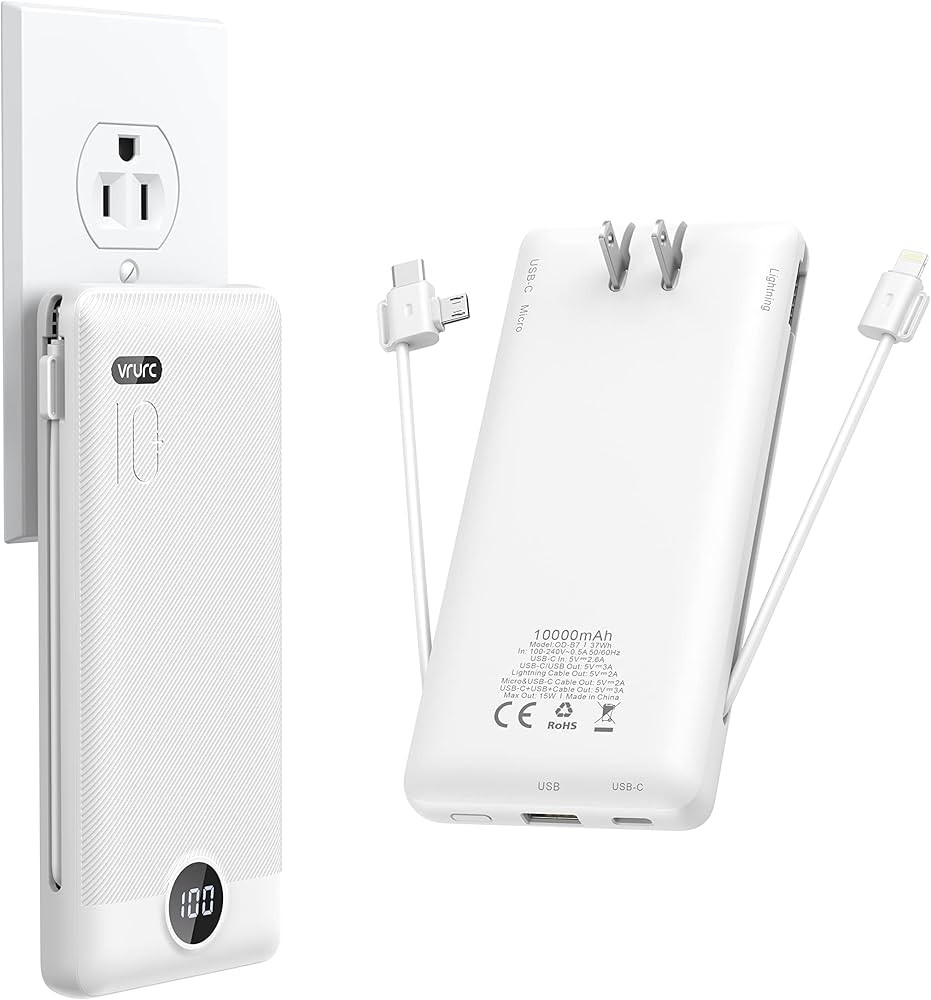 VRURC Portable Battery Charger Built-in Cable,10000mAh Type C Power Bank, Power Bank with Wall Pl... | Amazon (US)