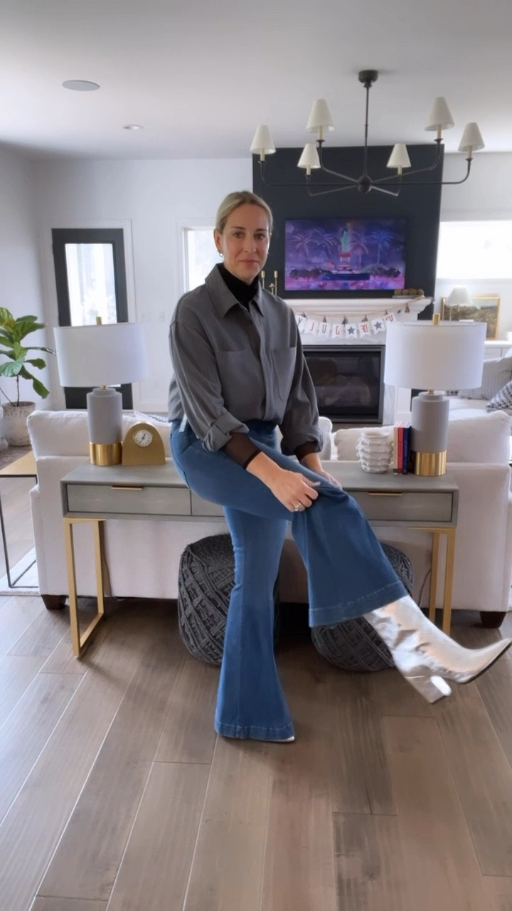 Nordstrom Anniversary Sale in stock finds! 

Sheer mock neck - true to size. Perfect for layering. 

Gray pinstripe shirt/ shacket - true to size. Wearing a M. 

Frame flare jeans - super stretchy. Size down. 

Silver Boots - Steve Madden, size up if in between. 

Fall trends 
Silver boots 
Fall Outfit idea 
Jeans
Flare jeans 
NSale 

#LTKxNSale #LTKSummerSales #LTKStyleTip