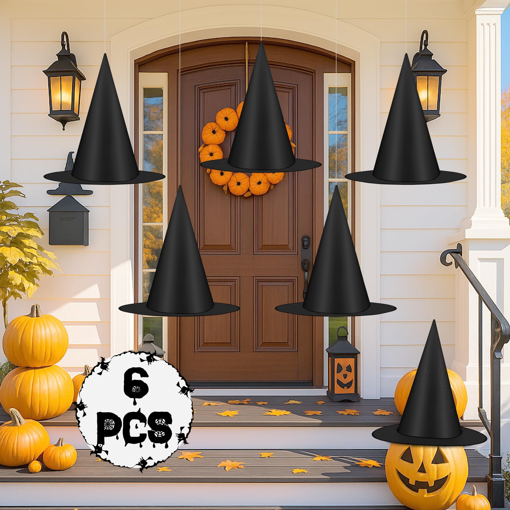 6Pcs Halloween Decorations, Black Witch Hats for Halloween Porch Decor, Hanging Witch Hats with 1... | Amazon (US)