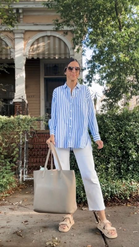 Levi’s perfect white jeans. Wearing the short length - I’m 5’4”. My Cuyana tote - I’ve had for years. My everyday tote. 
Target sandals fit TTS  

#LTKFindsUnder100 #LTKVideo #LTKFindsUnder50