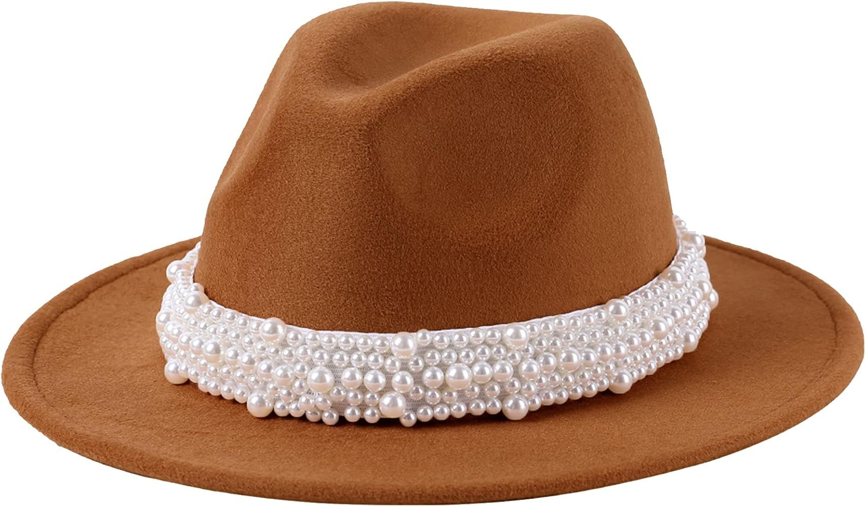Lanzom Women Classic Wide Brim Fedora Hat Trendy Panama Hat with Pearl Band | Amazon (US)