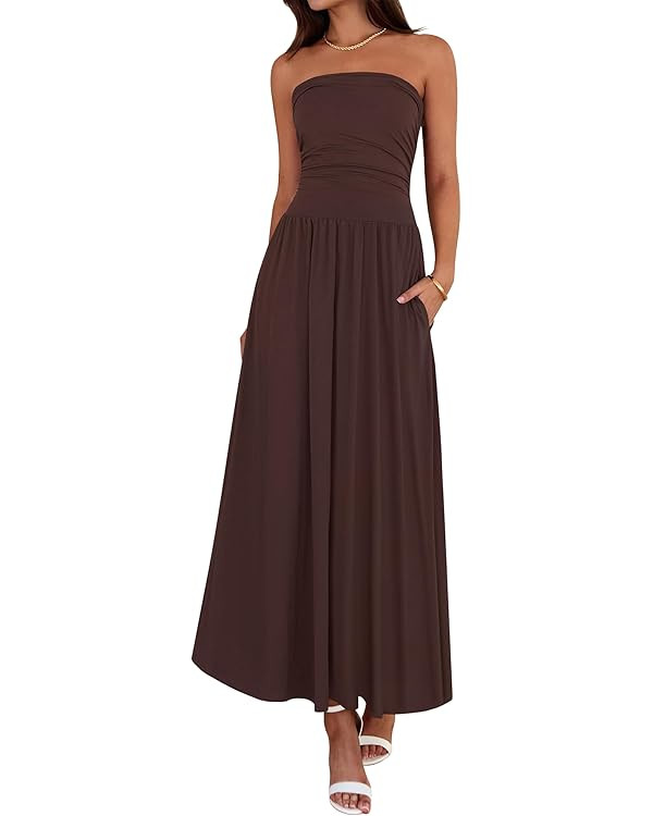 BTFBM Summer Maxi Dresses for Women 2026 Strapless Ruched Tube Top Beach Vacation Spring Wedding ... | Amazon (US)