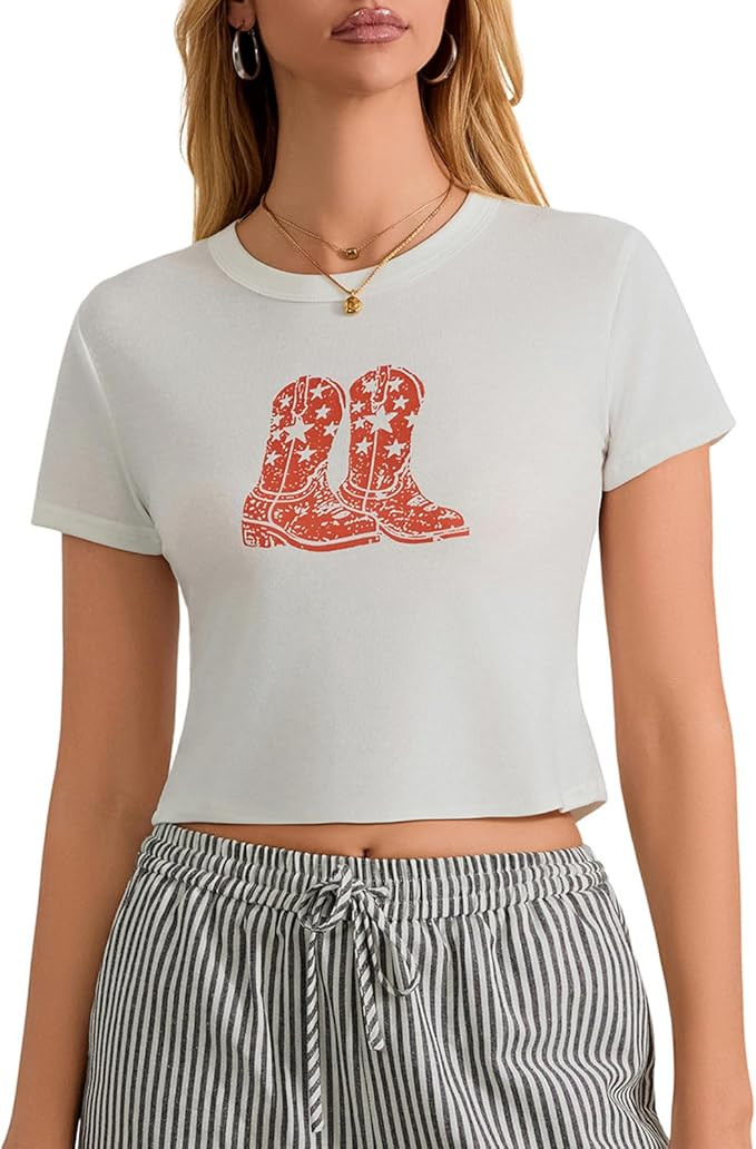 Women's Y2k Baby Tee Slim Fit Graphic Print Round Neck Short Sleeve T-Shirt Summer Crop Top Coque... | Amazon (US)