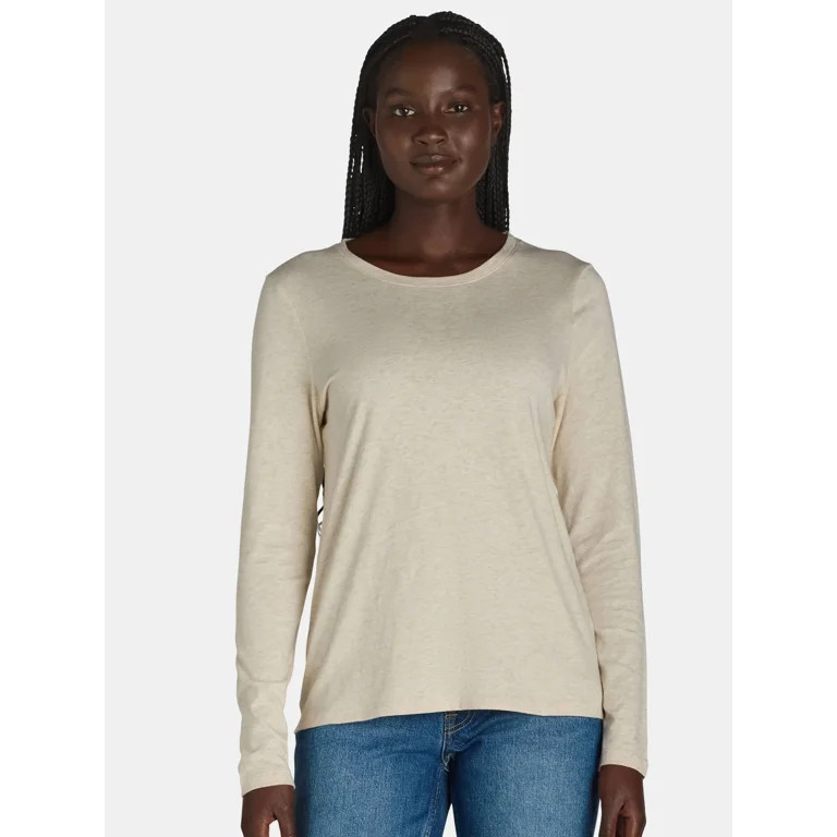 Time and Tru Women's Cotton Crewneck Tee with Long Sleeves, Single and 3 Pack, Sizes XS-XXXL | Walmart (US)