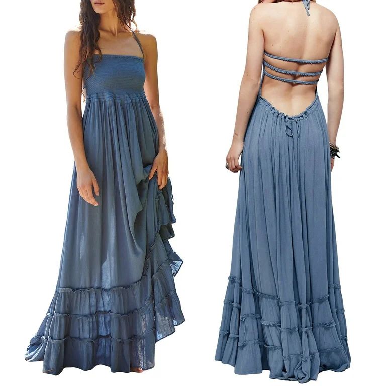 Kishawna Womens Boho Floral Puff Sleeve Tiered Maxi Dress Long Dresses | Walmart (US)