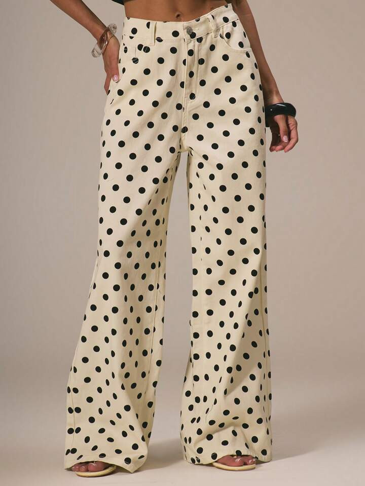 MUSERA Cute Polka Dot Spring Summer Dainty Denim Straight Leg Mid Rise Jeans Ibiza Holiday Casual | SHEIN