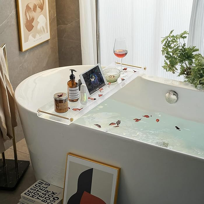 Bathtub Tray Acrylic Bath Tray Bathtub Caddy Non-Slip Bath Tub Tray Table with Gold Brushed Handl... | Amazon (US)
